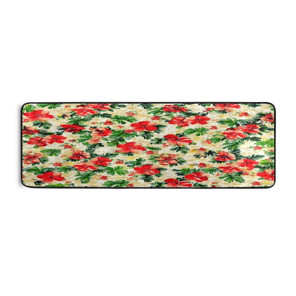Red Flower and Leaf Print 72x24" Runner Rug, Non-Slip Memory Foam Cushion, Anti-Crease for Hallways and Bedrooms
