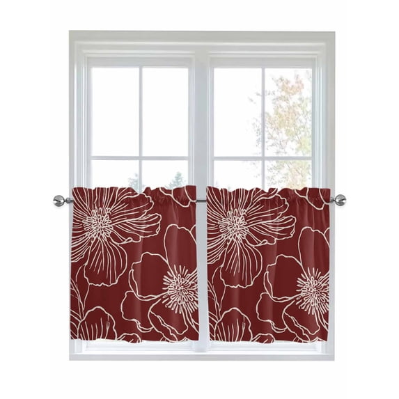 Red Flowers 2 Panel Kitchen Curtains for Small Windows, Spring Floral Botanical Modern Art Bathroom Tier Curtain, Short Window Treatment for Bedroom/Living Room 55"x24"