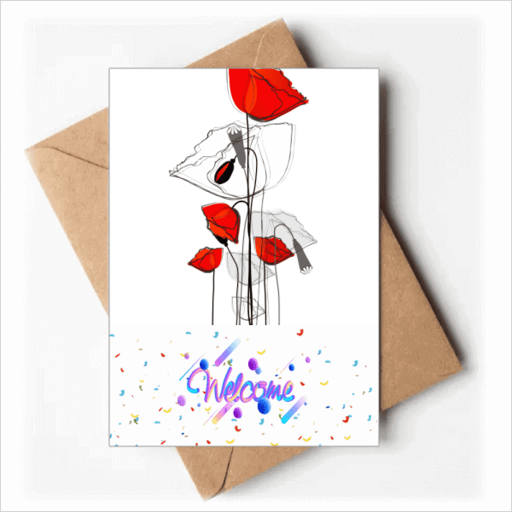 Red Flowers Art Line Painting Corn Welcome Back Greeting Cards Envelopes Blank