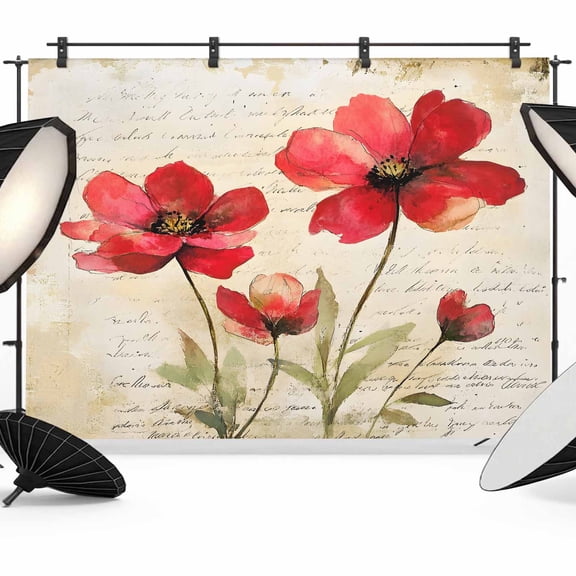 Red Flowers Backdrop for Photoshoot,Photography Photo Studio Background Wall Backdrop,Retro Farmhouse Botanical Floral Painting Back Drop Banner Panel for Portraits Wedding Live Streaming 12x8Ft