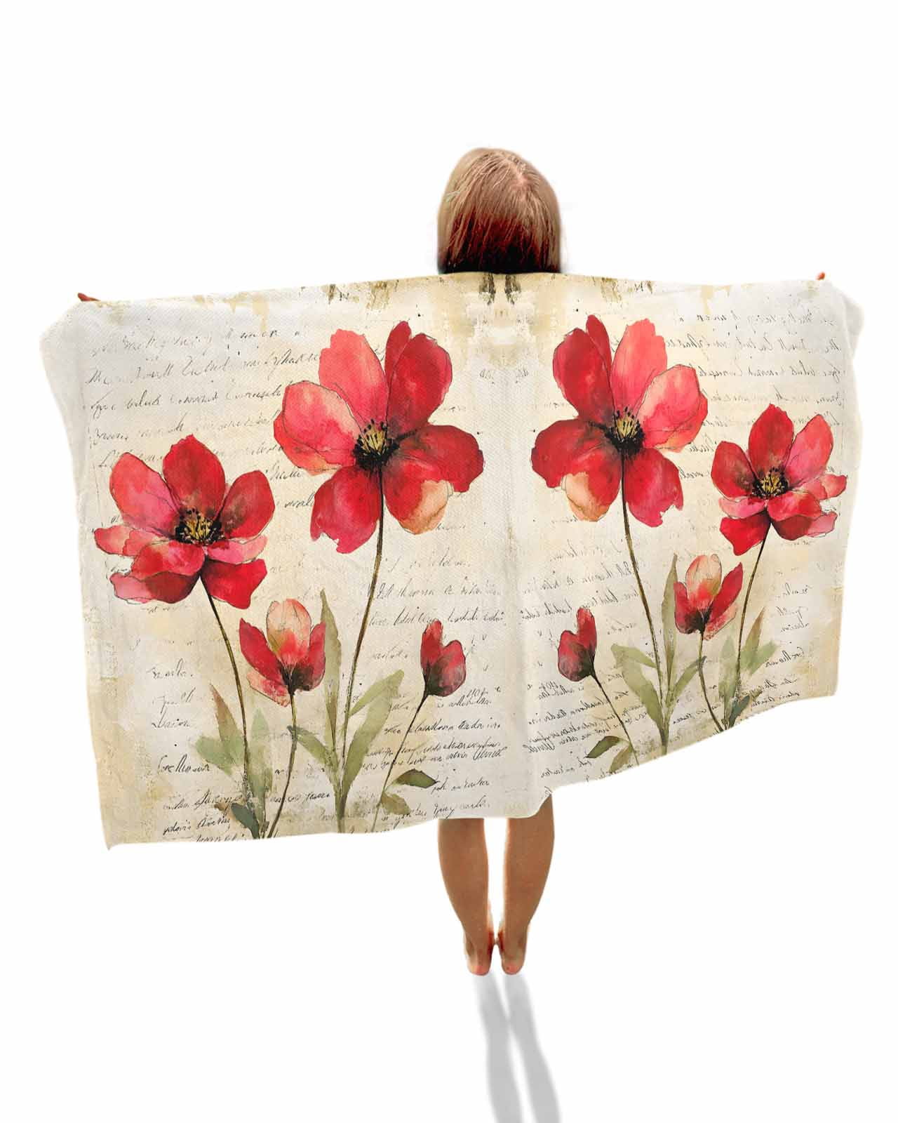 Red Flowers Beach Towels Oversized Super Absorbent, Retro Farmhouse Botanical Floral Painting Lightweight Bath Towel Quick Dry Sets For Bathroom/Pool/Rv Camping/Beach Play/Gym Room/Picnic 23"x47"