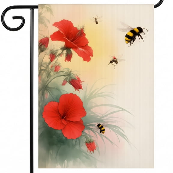Red Flowers & Bees Decorative Yard Flags for Garden Path 28x40 In Large