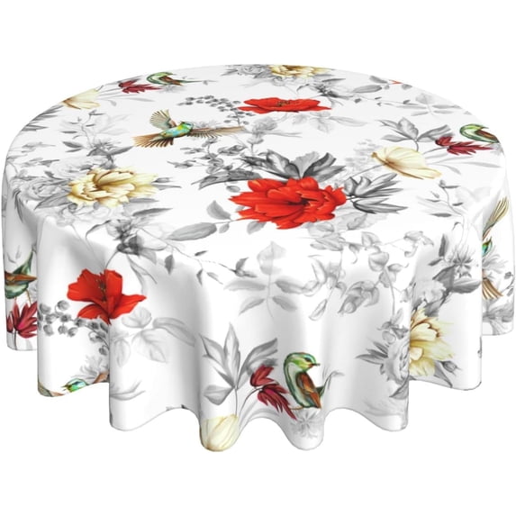 Red Flowers Birds Tablecloth Round 60 Inch Vinyl Grey Black Leaves Table Cloth Waterproof Fabric Farmhouse Tablecloths Decorative for Holiday Home Party Wedding Picnic