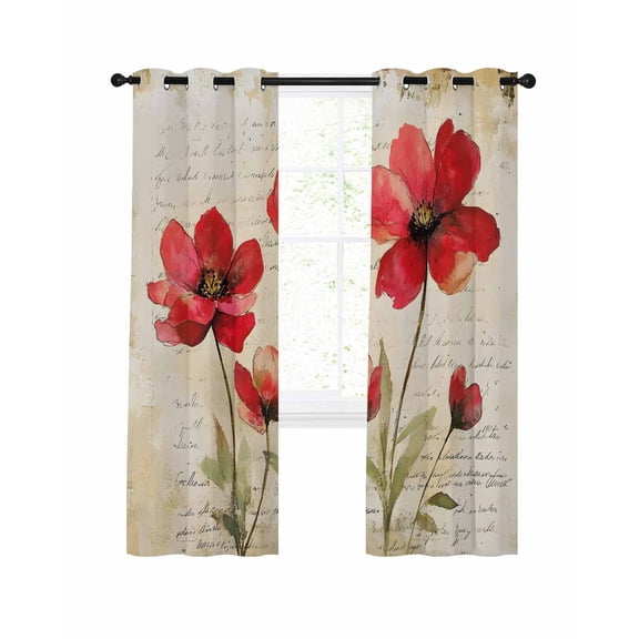 Red Flowers Blackout Curtains 63 Inches Long for Bedroom, Retro Farmhouse Botanical Floral Painting Thermal Insulated Room Darkening Black Out Window Curtain Panels Grommet Drapes for Living Room