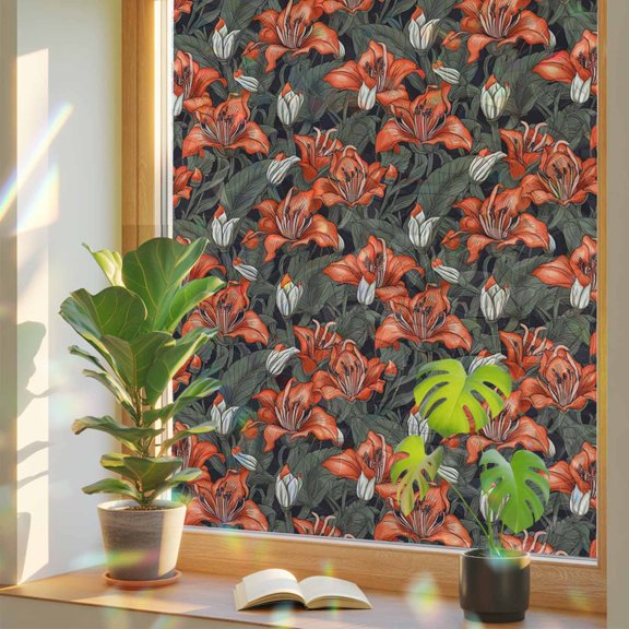 Red Flowers Buds Leaves Overlay Window Privacy Film, Rainbow Film Decorative Window Sticker 17.7x39.3in, Farm Floral Plants Seamless Sun Blocking Static Stained Glass Cling Tint Non-Adhesive