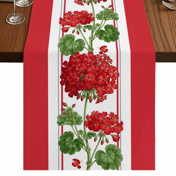 Red Flowers Burlap Cotton Table Runner 13x36 Inches Short, Spring Summer Floral Pastoral Botanical Leaf Farmhouse Table Runners, Outdoor Dining Tablecloths Decor for Baby Shower/Party/Wedding
