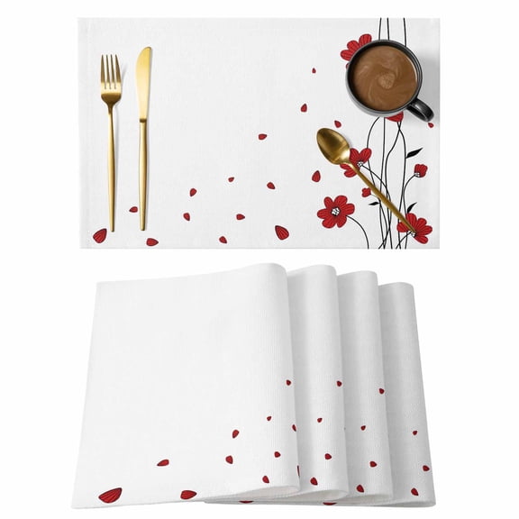 Red Flowers Cotton Linen Placemats Set of 2, Spring Floral Petals Scratching Edges Simple Washable Table Place Mats Heat Insulating Placemat for Dining Room Kitchen Daily Use 13 x 19 Inch