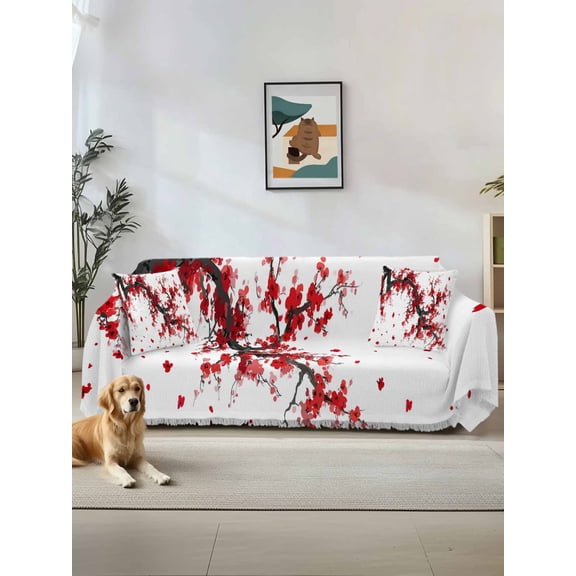 Red Flowers Couch Cover, Chinese Plum Traditional Ink Painting Sofa Cover Blanket for Loveseat Couches, Sectional Sofa Slipcover Furniture Protector for Living Room Bedroom 71''x118''