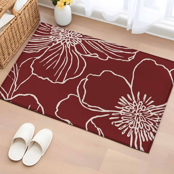 Red Flowers Entryway Rug 2'x3' Non Slip Front Door Mats, Spring Floral Botanical Modern Art Entrance Rugs Indoor Outdoor Carpet, Washable Floor Mats Small Area Rug for Bedroom Kitchen