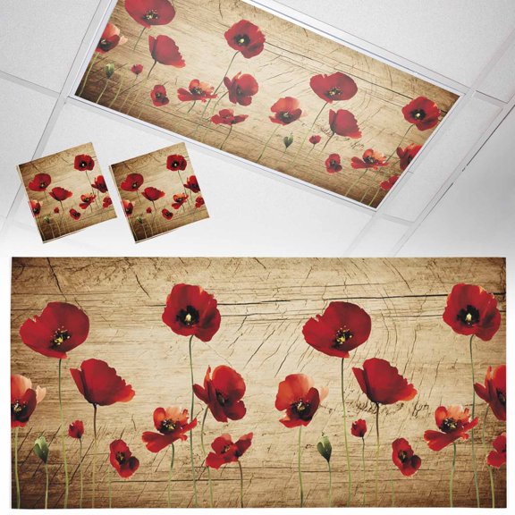 Red Flowers Fluorescent Light Covers Vintage Red Floral Brown Wood Grain Magnetic Light Filters Ceiling Lighting Panel Shade for Classroom Office Home 2 x 4 ft, 2 Pack