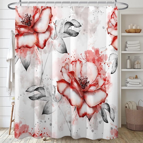 Red Flowers and Grey Leaves Shower Curtain Sets,Watercolor Rose Floral Bathroom Curtains,Modern Minimalist Bath Curtain, Waterproof Fabric with 12 Hooks 72x72 Inches