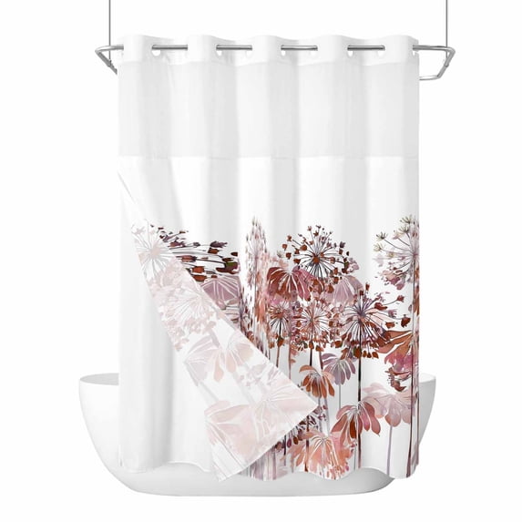 Red Flowers No Hooks Shower Curtain with Snap-in Liner Spring Watercolor Gradient Red Dandelion Floral Plant Shower Curtains for Bathroom, Waterproof, Easy Install, Washable 48"x72"