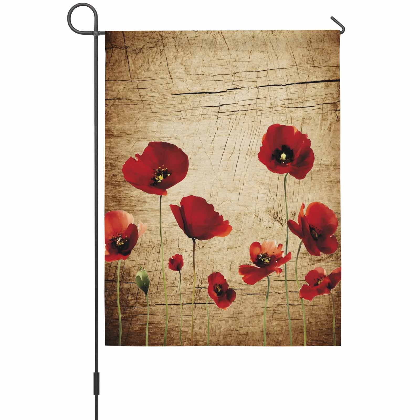 Red Flowers House Flag 28 x 40 Inches, Vintage Red Floral Brown Wood Grain Weather Proof Outdoor Patio Flags Double Sided Small House Decoration for Yard Lawn Outside Home