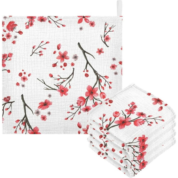 Red Flowers Japanese Baby Muslin Washcloths Soft Absorbent Face Towel, 3 PCS Spring Cherry Blossom Burp Cloths Cotton Bath Wipes Infant Wash Cloth for Newborn Boys Girls 12x12 inches