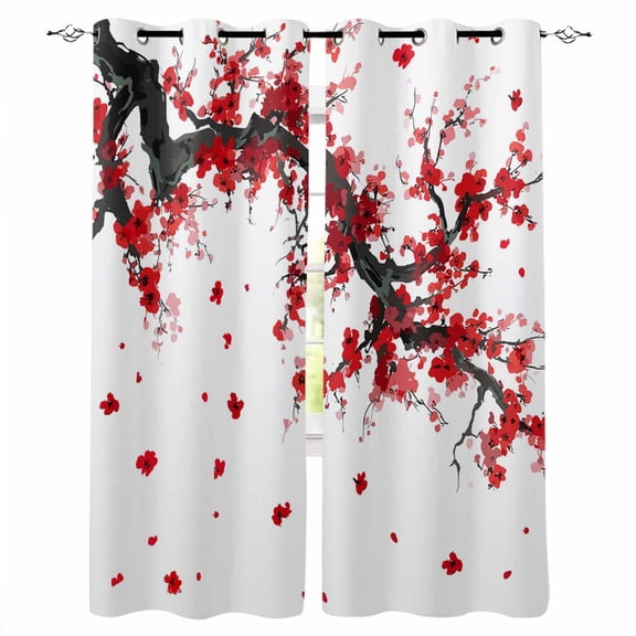 Red Flowers Kitchen Curtains Chinese Plum Traditional Ink Painting Cafe Short Curtains for Bathroom Blackout Window Curtain Grommet Small Window Treatment Drapes for Bedroom Living Room 27.5"x39"x2
