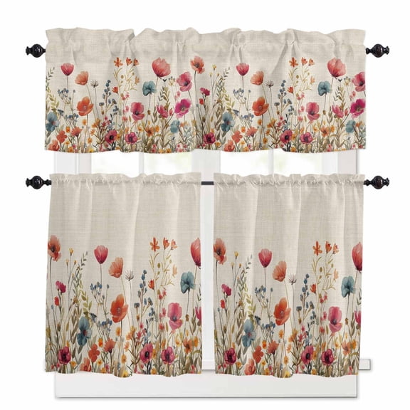 Red Flowers Kitchen Curtains Valances and Tiers Set of 3, 24 Inch Length Tier Curtains and Valance Rod Pocket Valance Curtains Set for Kitchen Bathroom Small Windows