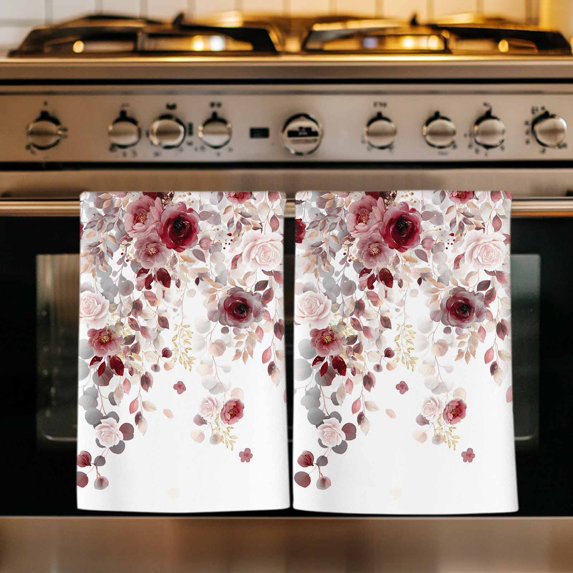 Red Flowers Kitchen Towels Set of 1, Spring Floral Elegant Pastoral Watercolor Absorbent Dish Towels for Kitchen, Microfiber Hand Towel, Quick Drying Tea Towel for Cleaning Decorative Dishcloths