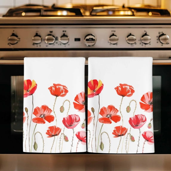 Red Flowers Kitchen Towels Set of 1, Watercolor Spring Country Botanical Floral Absorbent Dish Towels for Kitchen, Microfiber Hand Towel, Quick Drying Tea Towel for Cleaning Decorative Dishcloths