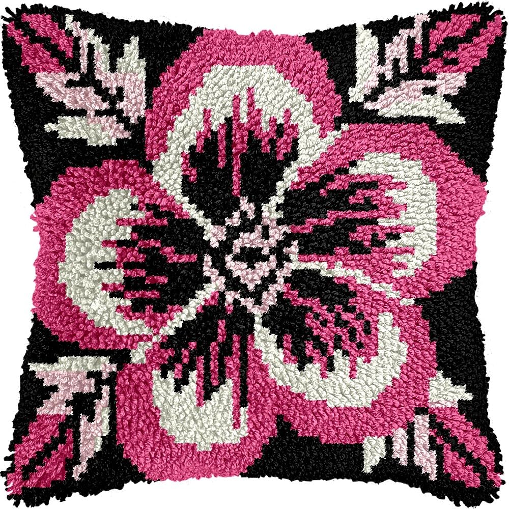 Red Flowers Latch Hook Pillow Kits for DIY Throw Pillow Cushion Embroidery Latch Hooking Pillowcase Kits with Preprinted Canvas Crochet Yarn Kits for Home Decor 17''X 17''(d45)