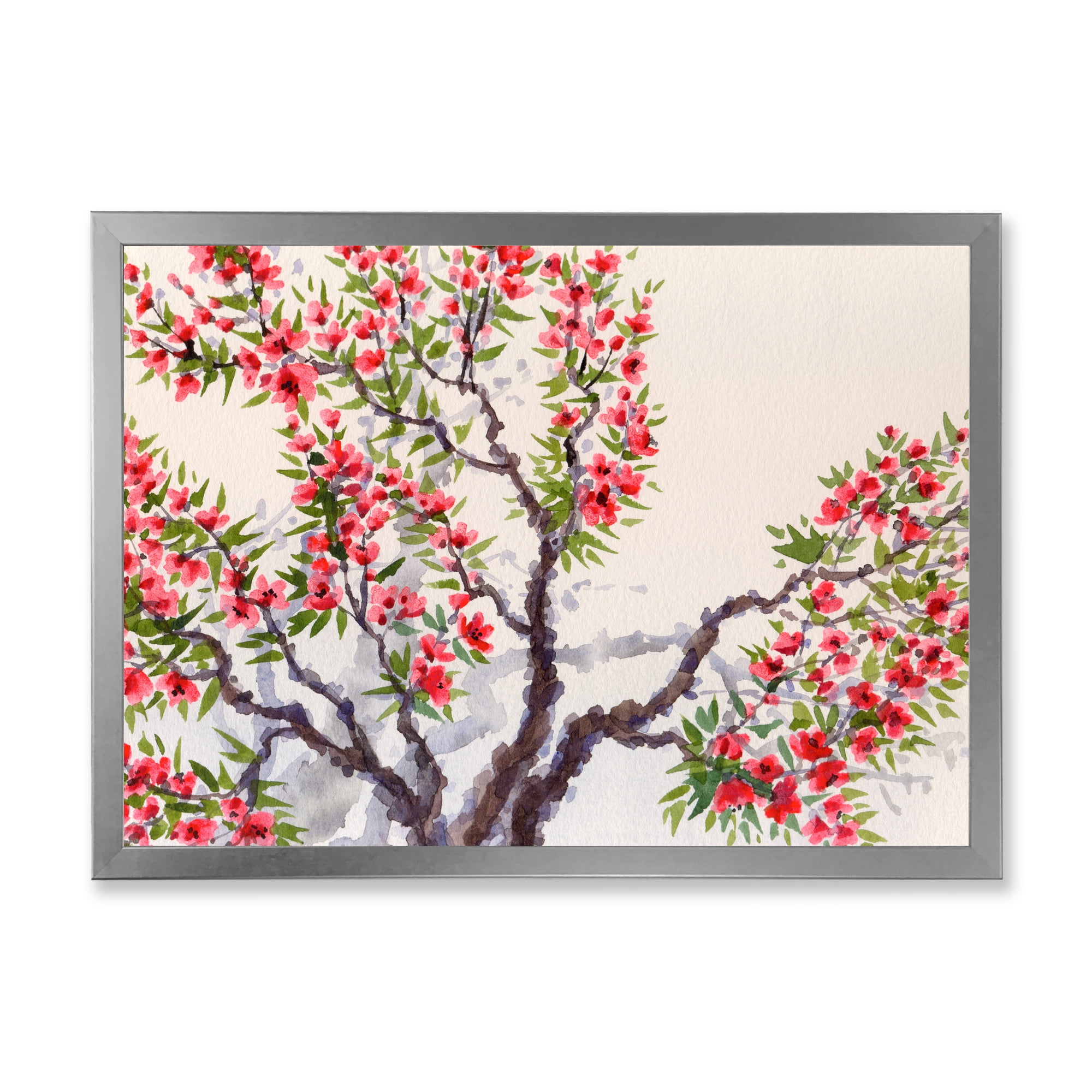 Red Flowers On The Spring Blossoming Tree II 20 in x 12 in Framed Painting Canvas Art Print, by Designart