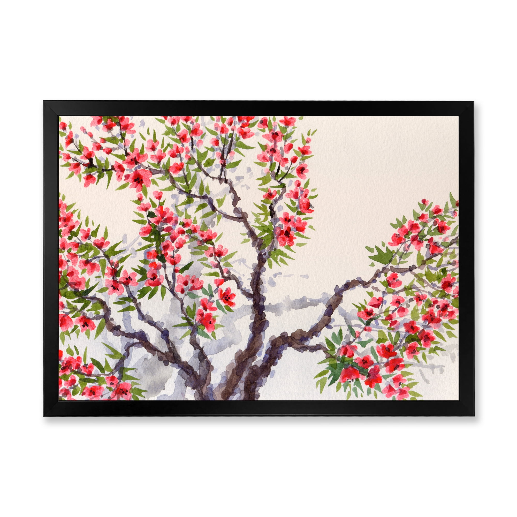 Red Flowers On The Spring Blossoming Tree II 32 in x 16 in Framed Painting Canvas Art Print, by Designart