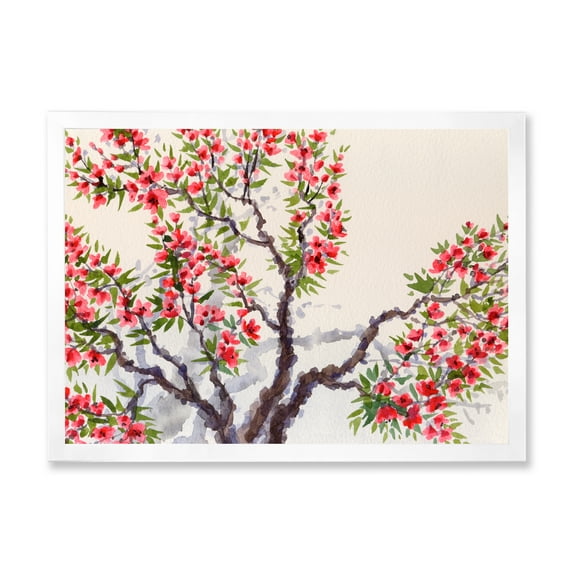 Red Flowers On The Spring Blossoming Tree II 32 in x 24 in Framed Painting Canvas Art Print, by Designart