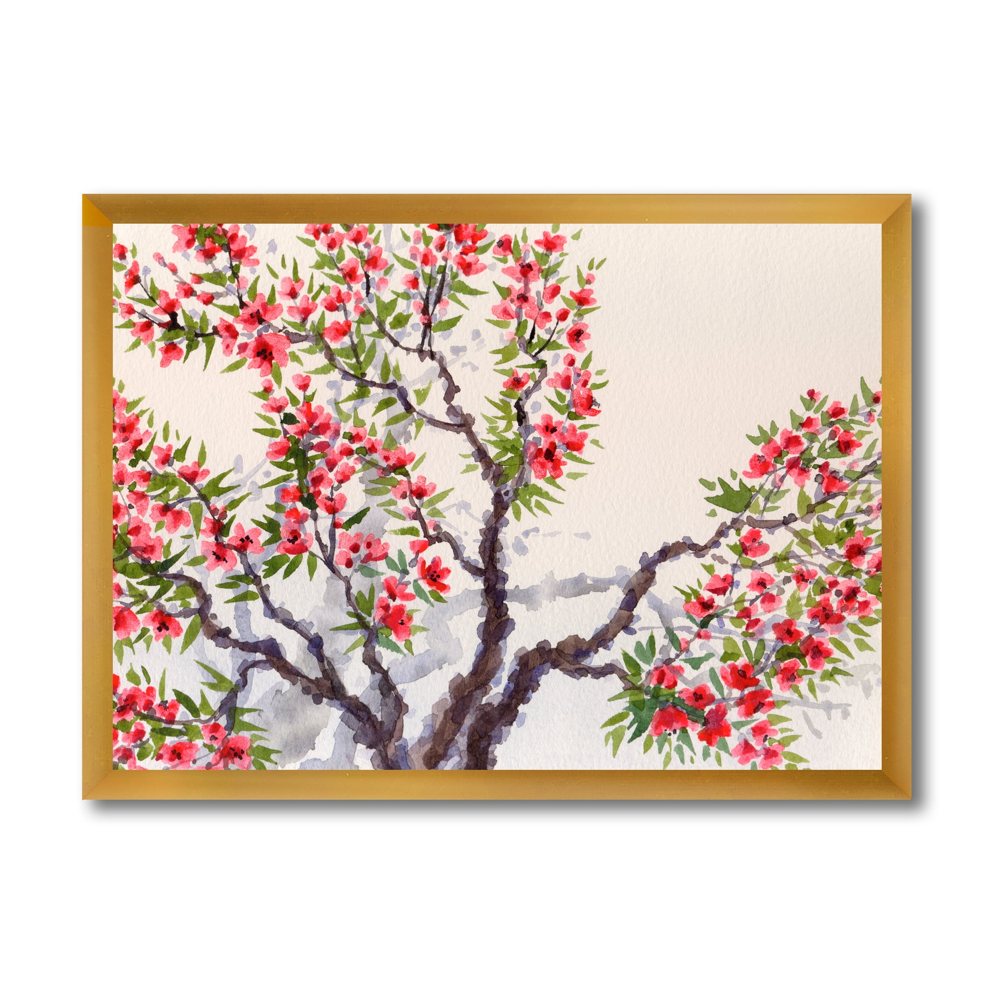 Red Flowers On The Spring Blossoming Tree II 32 in x 24 in Framed Painting Canvas Art Print, by Designart