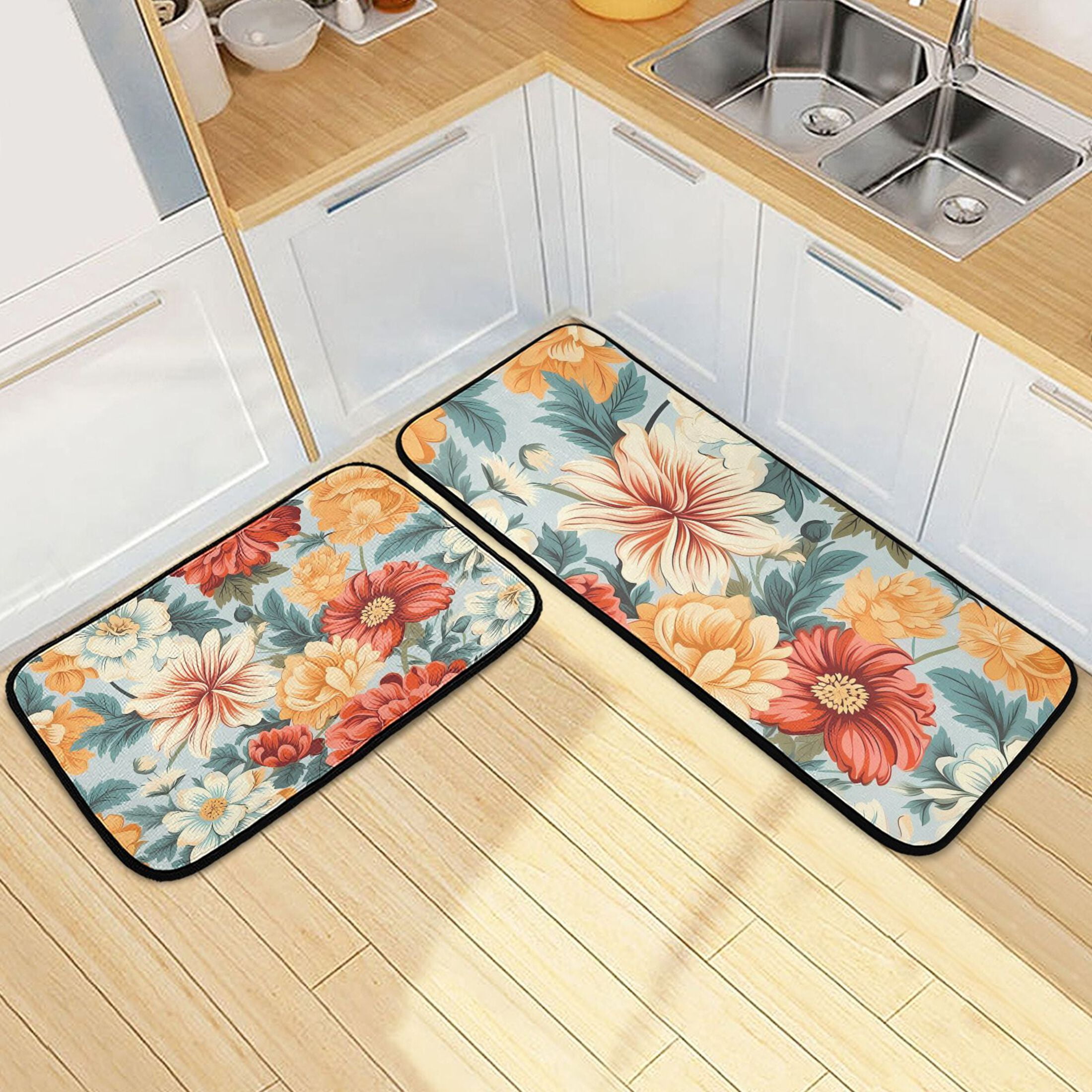 Red Flowers Orange Kitchen Mats Set 2 Piece Non Slip Floor Foam Rugs