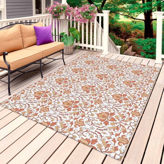Red Flowers Outdoor Rug for Patio/Deck/Porch, Non-Slip Large Area Rug 5 x 7 Ft, Boho Ethnic Neutral Floral Motifs Art Indoor Outdoor Rugs Washable Area Rugs, Reversible Camping Rug Carpet Runner