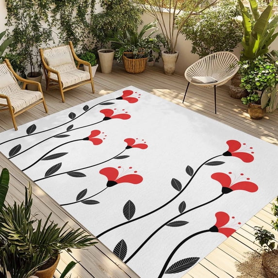 Red Flowers Outdoor Rug for Patio/Deck/Porch, Non-Slip Large Area Rug 5 x 8 Ft, Modern Minimalism Spring Botanical Floral Indoor Outdoor Rugs Washable Area Rugs, Reversible Camping Rug Carpet Runner