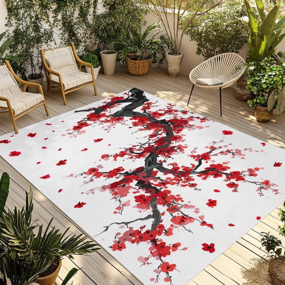 Red Flowers Outdoor Rug for Patio/Deck/Porch, Non-Slip Large Area Rug 6 x 9 Ft, Chinese Plum Traditional Ink Painting Indoor Outdoor Rugs Washable Area Rugs, Reversible Camping Rug Carpet Runner