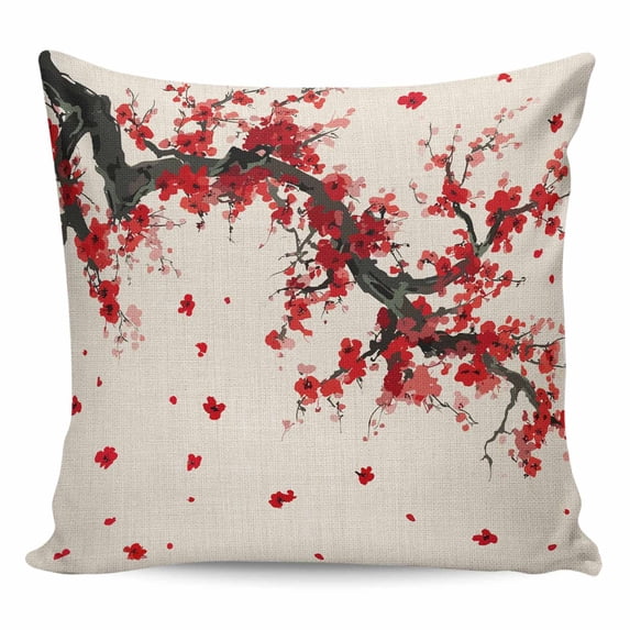 Red Flowers Pillow Covers 16x16 Inch Decorative Throw Pillow Cover, Vintage Chinese Painting Plum Branches Sofa Pillowcases Accent Cushion Case Home Decor Bedroom Living Room