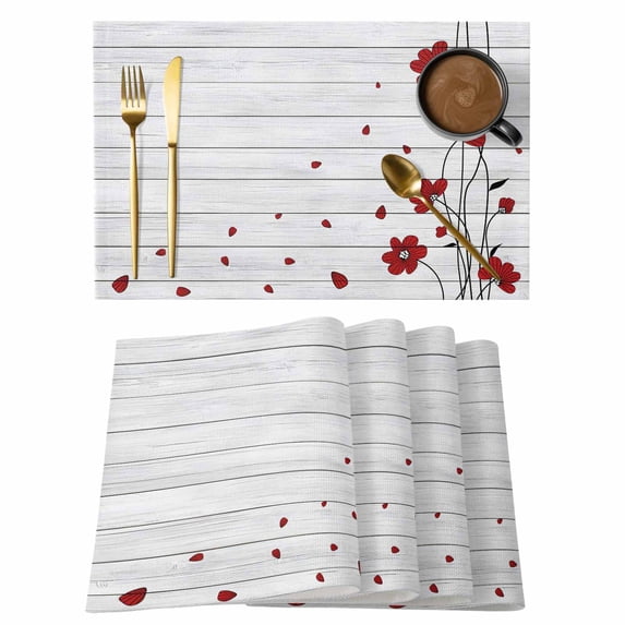 Red Flowers Placemats Set of 4, Spring Floral Petals Scratching Edges Wood Grain Non-Slip Place Mats Washable Table Mats for Kitchen Dining Table Decorations Indoor/Outdoor