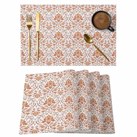 Red Flowers Placemats Set of 6, Boho Ethnic Neutral Floral Motifs Art Placemats for Dining Table, Place Mats for Kitchen Tabletop, Waterproof Wipeable Dining Table Mats Set