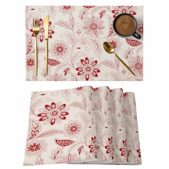 Red Flowers Placemats Set of 6, Retro Botanical Pastoral Leaved Farm Placemats for Dining Table, Place Mats for Kitchen Tabletop, Waterproof Wipeable Dining Table Mats Set