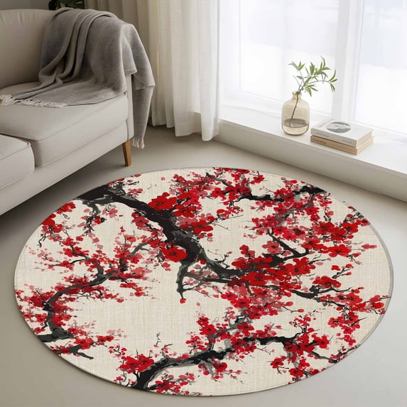Red Flowers Round Area Rug 3Ft Washable Small Circle Rugs for Kitchen Entryway, Chinese Plum Blossoms Traditional Ink Painting Non-Slip Carpet Floor Mats Indoor Outdoor Carpet Runner Home Decor