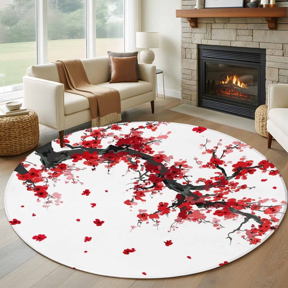Red Flowers Round Area Rug 8Ft Washable Large Circle Rugs for Living Room Dorm, Chinese Plum Traditional Ink Painting Non-Slip Carpet Floor Mats Indoor Outdoor Carpet Runner Aesthetic Home Decor