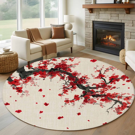 Red Flowers Round Area Rug 8Ft Washable Large Circle Rugs for Living Room Dorm, Vintage Chinese Painting Plum Branches Non-Slip Carpet Floor Mats Indoor Outdoor Carpet Runner Aesthetic Home Decor