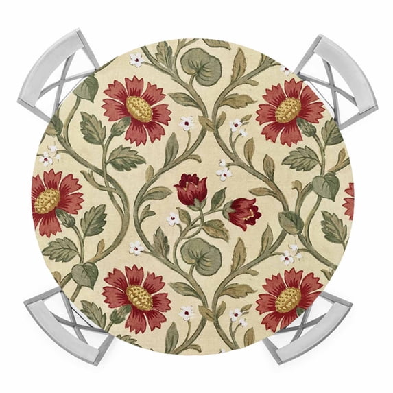 Red Flowers Round Table Cover, Rustic Dark Red White Floral Leaf Yellow Green Waterproof Fitted Tablecloths for 36"-44" Tables, Washable Picnic Table Cover for Camping Dining Indoor Outdoor