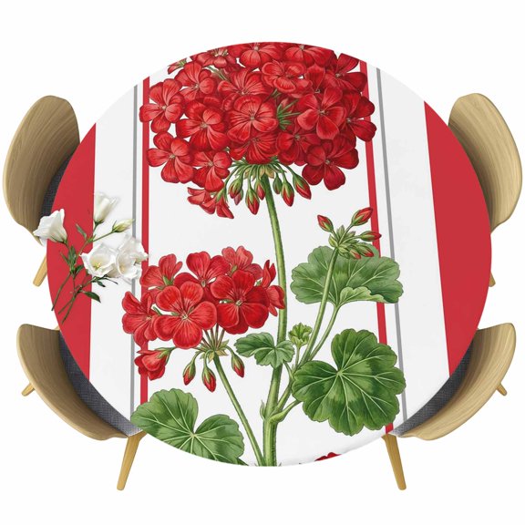 Red Flowers Round Tablecloth 36-44 Inch Round Fitted Table Cloth with Elastic Edge, Spring Summer Floral Pastoral Botanical Leaf Waterproof Table Cover Protector for Outdoor Picnic Party Dining