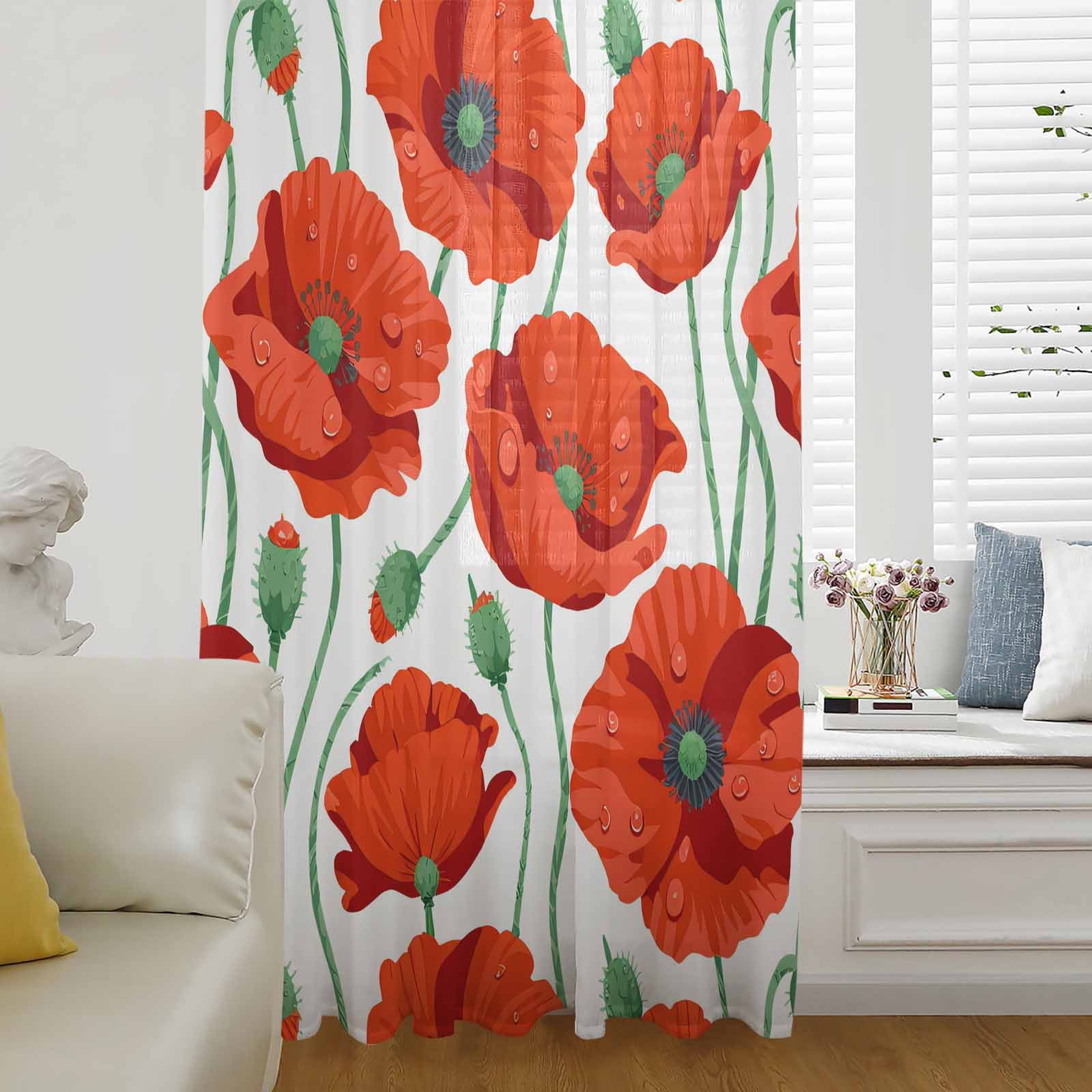 Red Flowers Semi Sheer Curtains Drapes for Living Room, Bedroom, French