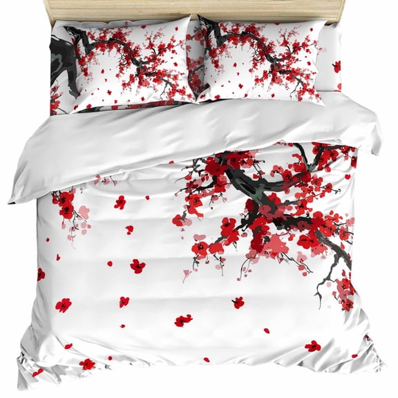 Red Flowers Set of 4 Bedding Quilt Covers, Chinese Plum Traditional Ink Painting 4-Piece Bed Sheet Set with Extra Soft Bed Sheets Quilt Cover Pillowcase, Queen