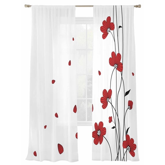 Red Flowers Sheer Curtains 2 Panels Set Spring Floral Petals Scratching Edges Simple Sheer Window Curtains Light Filtering Rod Pocket Voile Drapes for Bedroom Living Room 52"X96"