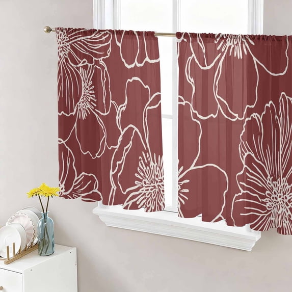 Red Flowers Sheer Curtains 45 Inch Length 2 Panels Set Window Treatments, Spring Floral Botanical Modern Art Rod Pocket Semi Curtains for Living Room/Bedroom/Kitchen Décor, 104"W x 45"L