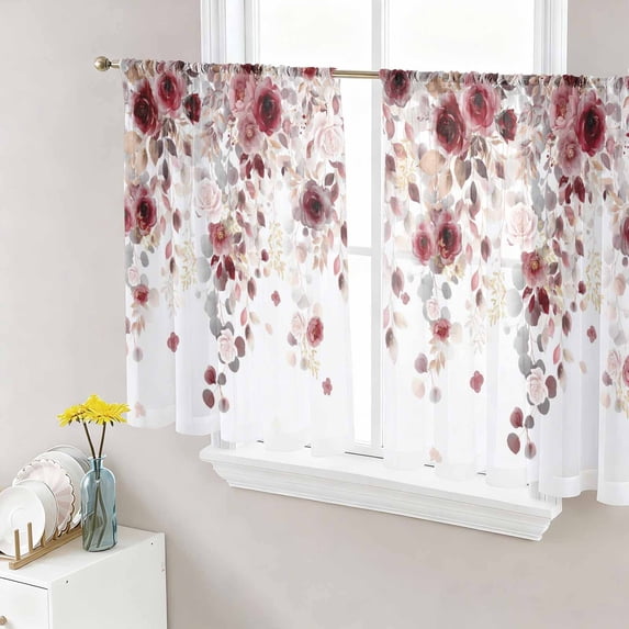 Red Flowers Sheer Curtains 54 Inch Length 2 Panels Set, Spring Floral Elegant Pastoral Watercolor Voile Window Treatment Rod Pocket Short Kitchen Curtains Drapes for Bedroom 52"x54"x2