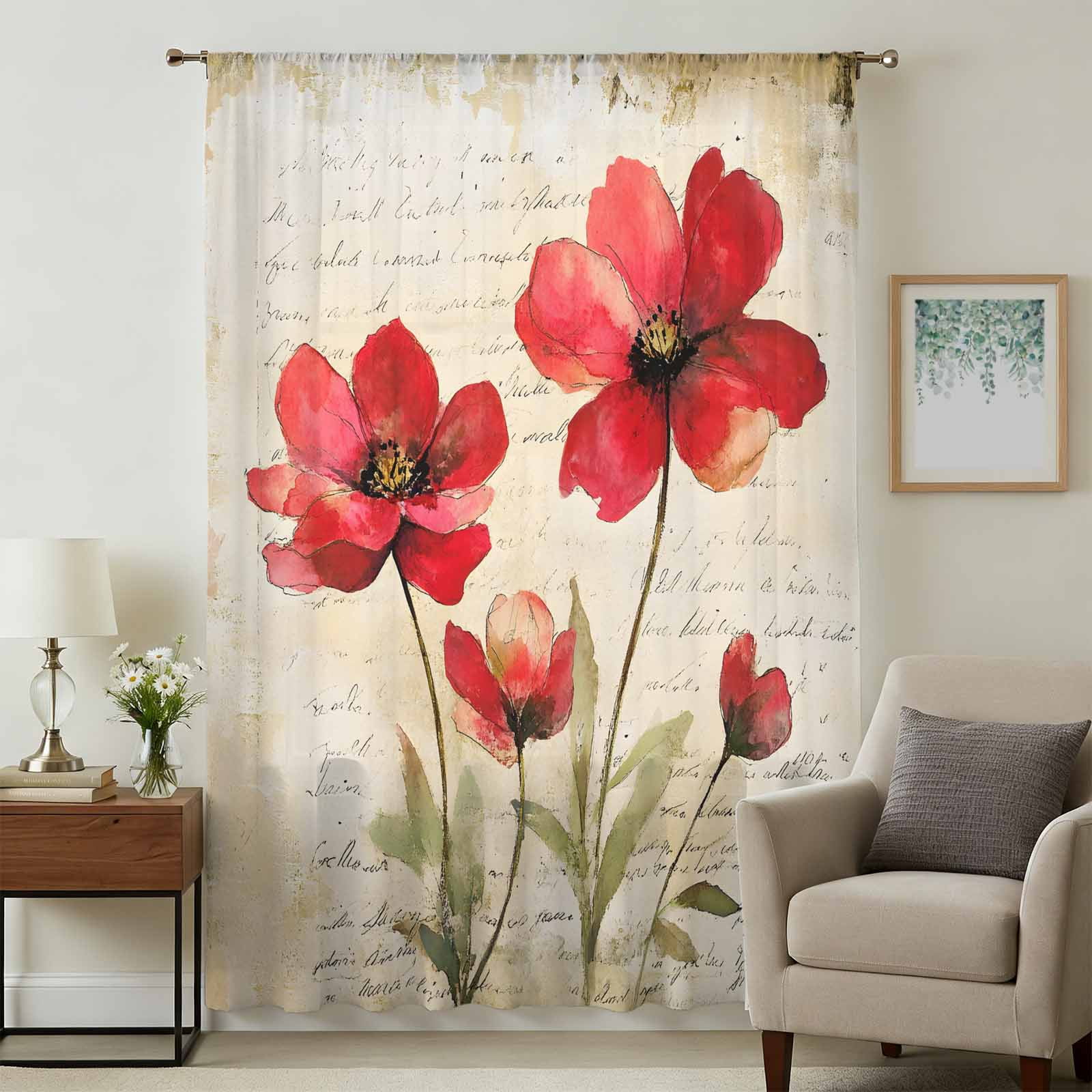 Red Flowers Sheer Curtains 63 Inches Long, Retro Farmhouse Botanical