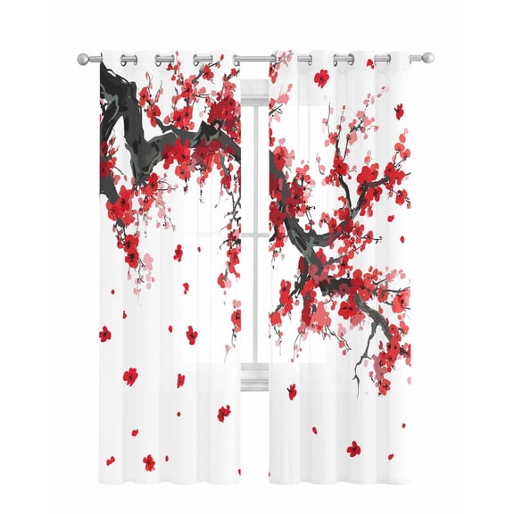 Red Flowers Sheer Curtains 84 Inch Length 2 Panels Set for Living Room/Bedroom, Chinese Plum Traditional Ink Painting Kitchen Curtains Grommet Semi-Sheer Curtains Drapes Window Treatments 52"x84"x2