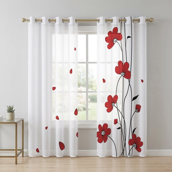 Red Flowers Sheer Curtains 96 Inch Long 2 Panels, Spring Floral Petals Scratching Edges Simple Light Filtering Semi Sheer Drapes Grommet Voile Window Curtain for Living Bedroom W52 x L96