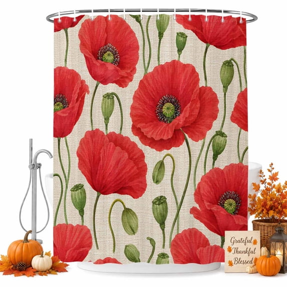 Red Flowers Shower Curtain Set - Small 36" x 72" Washable Bathtub Curtain with 12 Hooks, Country Botanical Poppy Blossom Floral Beige Waterproof Fabric Stall Shower Curtains for Bathroom Décor