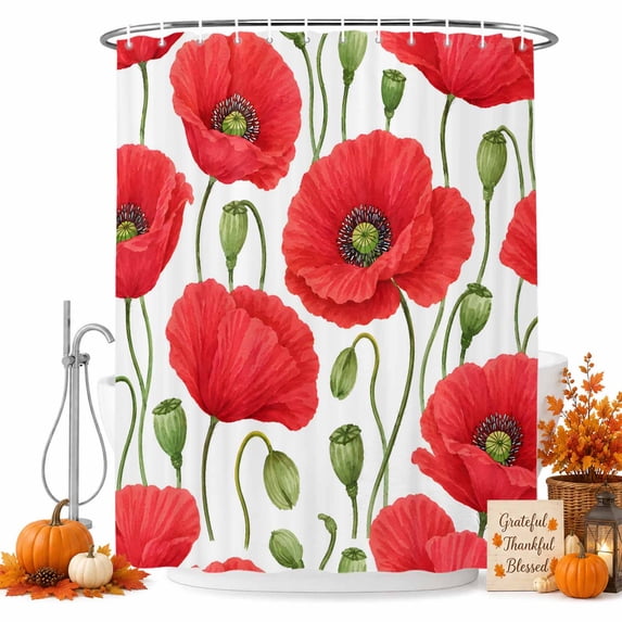 Red Flowers Shower Curtain Set - Small 36" x 72" Washable Bathtub Curtain with 12 Hooks, Spring Botanical Poppy Budding Blossom Floral Waterproof Fabric Stall Shower Curtains for Bathroom Décor